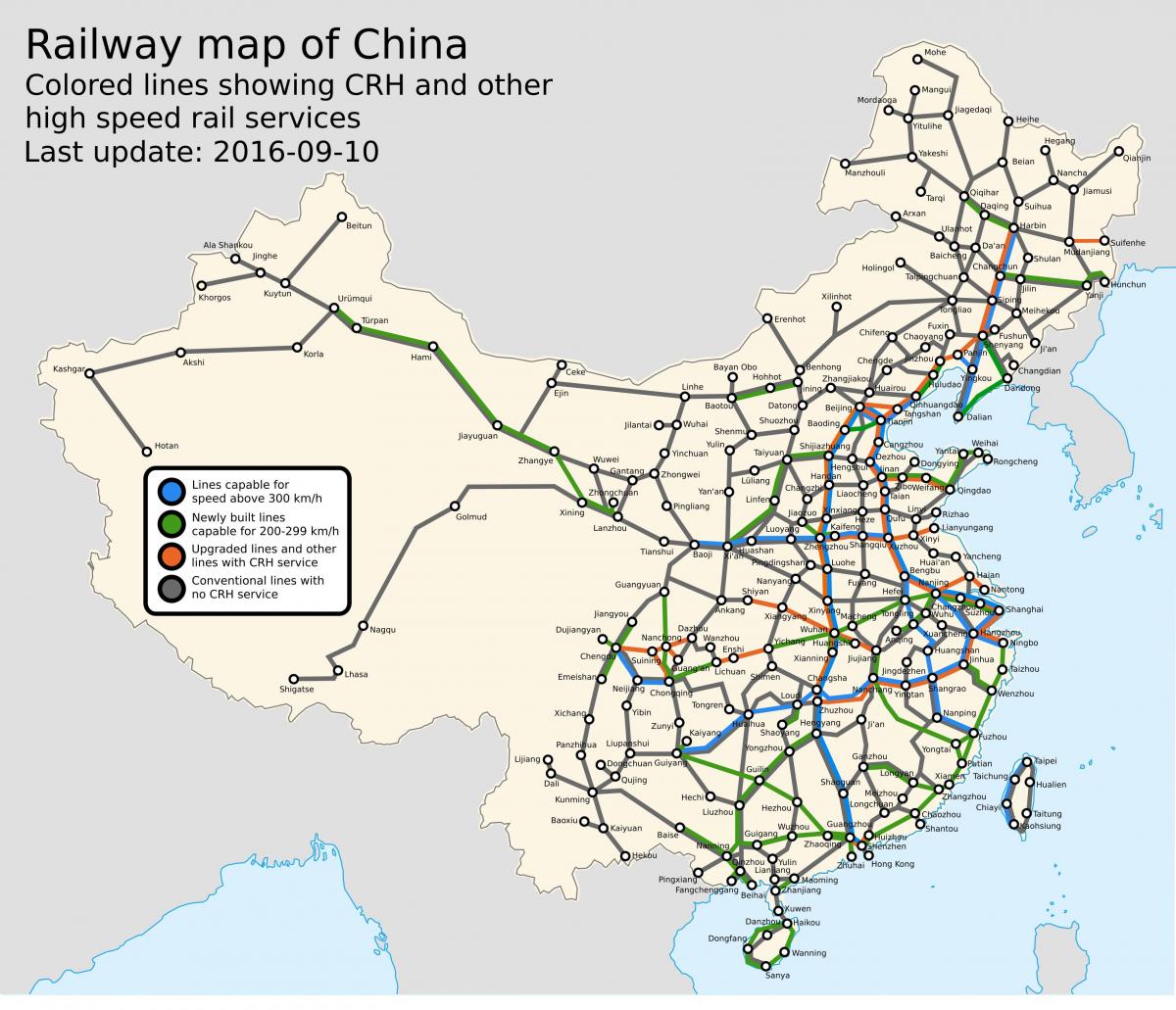 Kaart van de treinlijnen in China